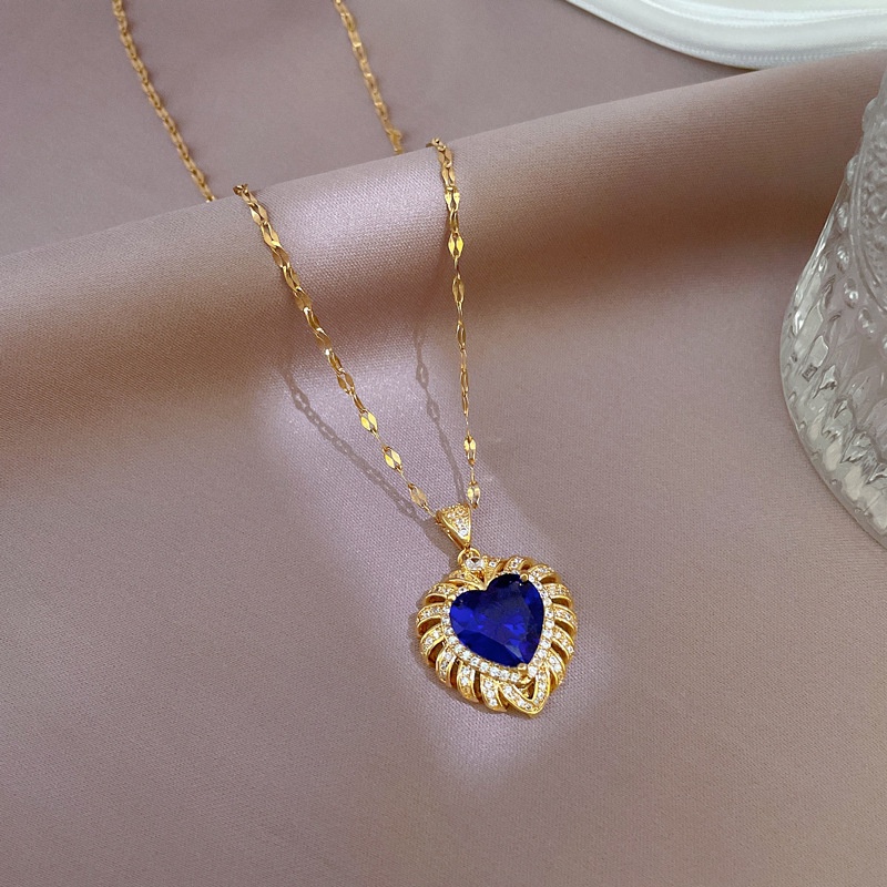 Kalung Rantai Lapis Emas 18K Dengan Liontin Hati Sapphire Mewah Untuk Wanita