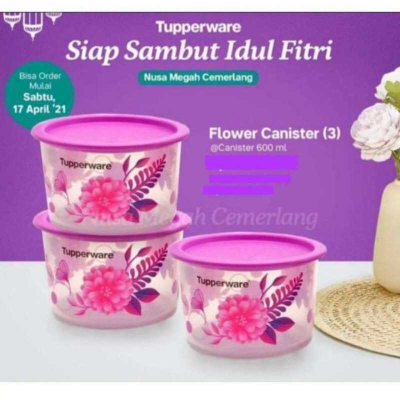 promo flower tupperware canister 3 pcs toples kue