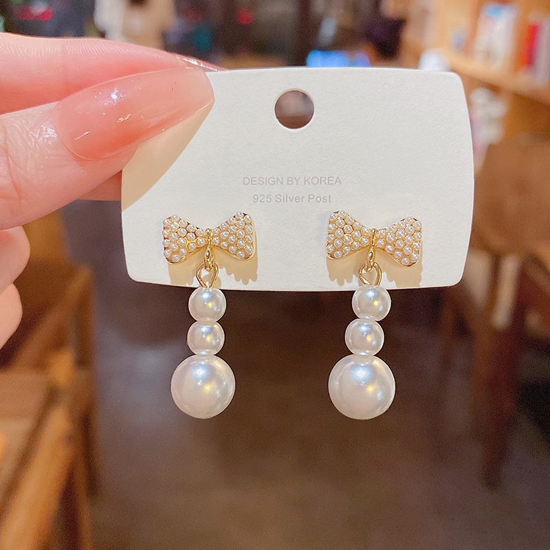 Anting Tusuk Gantung Sterling silver 925 Desain Pita Hias Mutiara Mewah Untuk Wanita