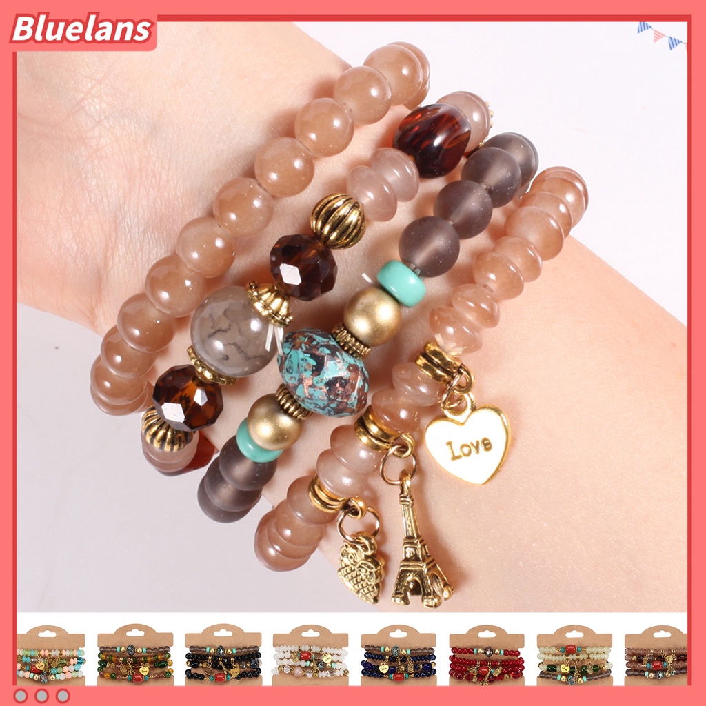 4pcs / Set Gelang Tali Elastis Liontin Burung Hantu Menara Eiffel Gaya Bohemia Untuk Wanita