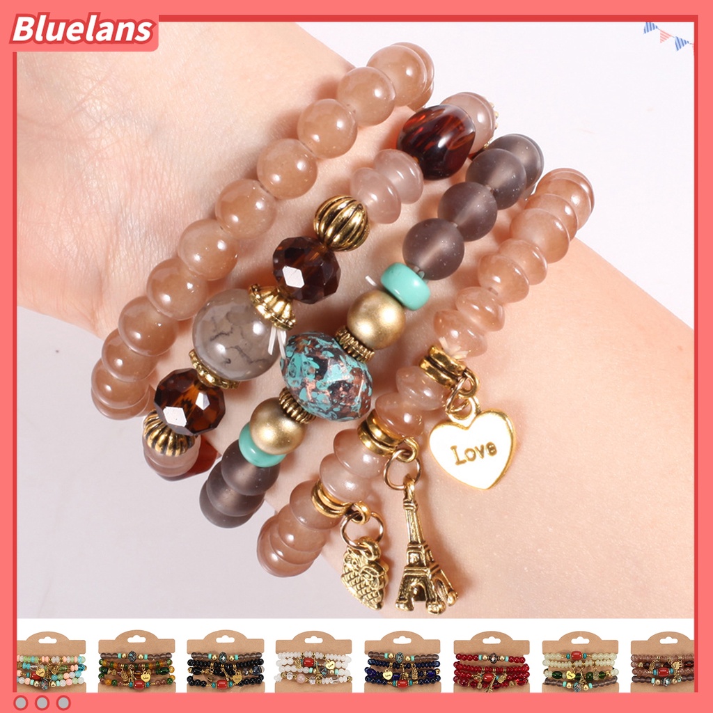 4pcs / Set Gelang Tali Elastis Liontin Burung Hantu Menara Eiffel Gaya Bohemia Untuk Wanita