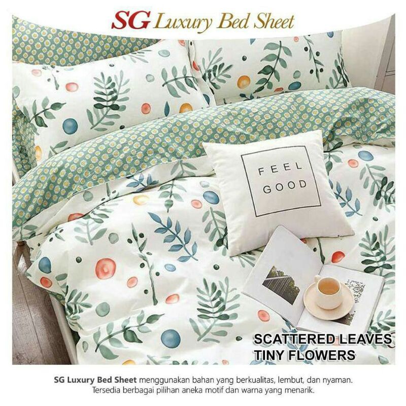 Sprei & Badcover katun lokal SG LUXURY BED SHEET motif SCATTERED LEAVES TINY FLOWERS