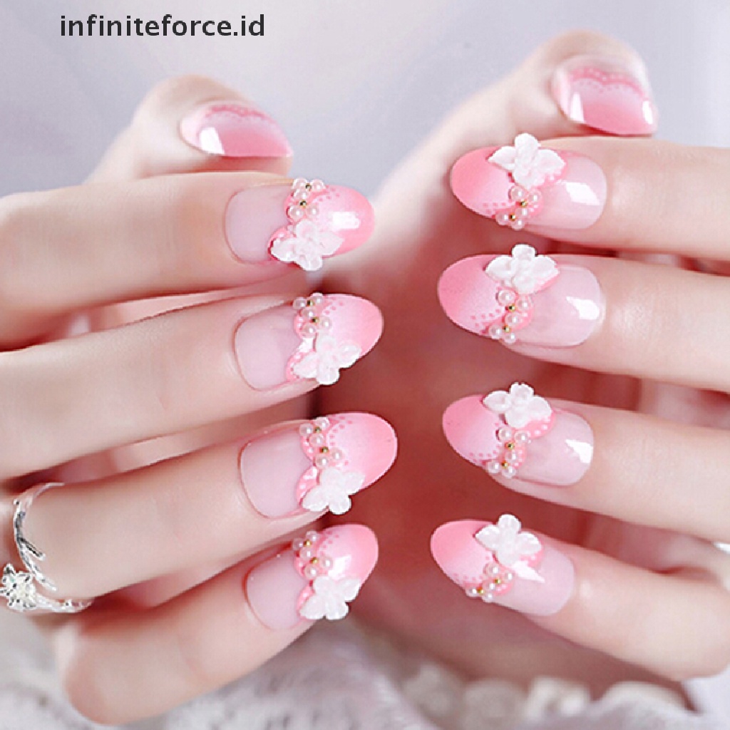 (Infiniteforce.Id) 24pcs / set Kuku Palsu 3d Hias Berlian Imitasi Warna Pink Untuk Pengantin Wanita