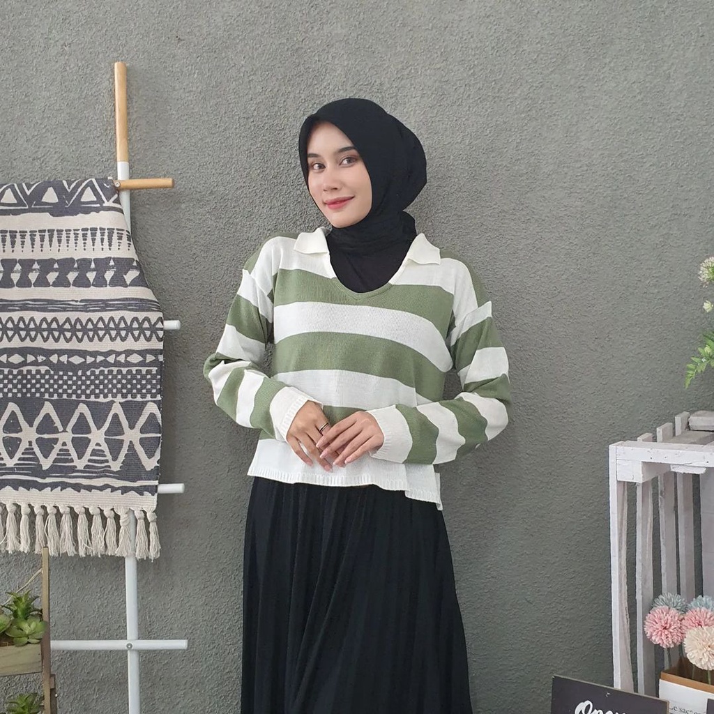 FUJI ATASAN RAJUT BLOUSE BB30-50KG CROPTOP BLASTER GARIS SALUR FUJI SWEATER BAJU BELANG BAJU KERAH KEMEJA WANITA KOREA STYLE