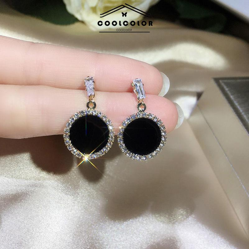 COD❤️1 Sepasang Anting Perak 925 Pejantan Pejantan Geometris Berlian Hitam Wanita Aksesoris Fashion Mewah Korea