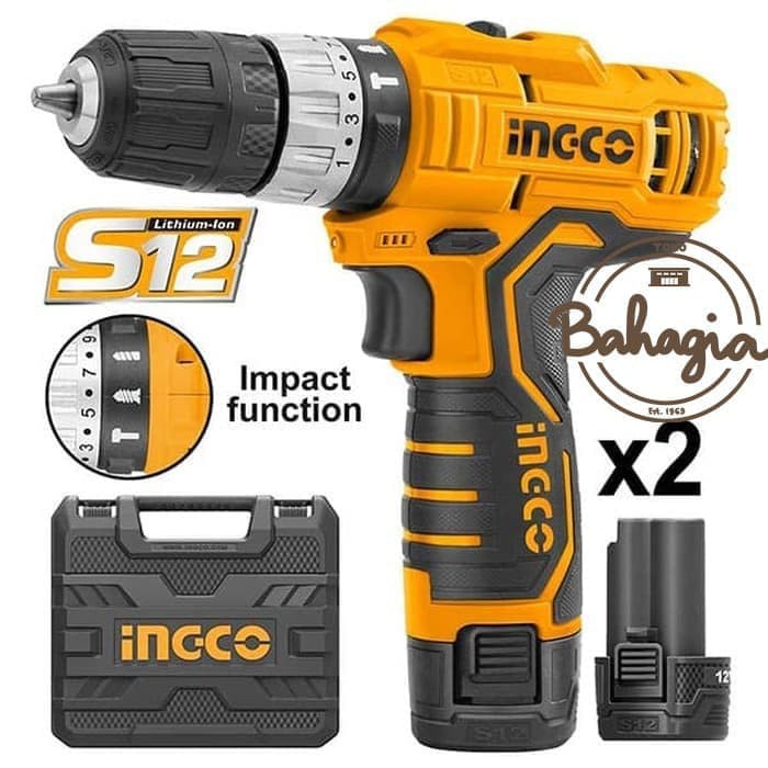 Bor Cordless / Mesin Bor Tangan Baterai Kayu Beton / Bor Impact 12V Lithium (2B+1C) Ingco Cidli1232