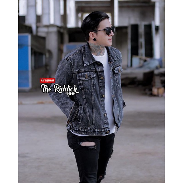 TURUN HARGA ! JAKET JEANS SANDWASH PRINTING PRIA THE RIDDICK / JAKET JEANS GAMBAR BELAKANG / JAKET DENIM MURAH