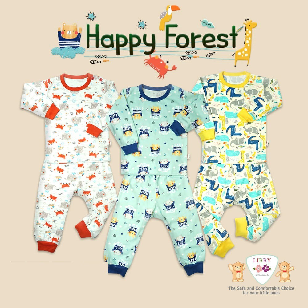 Libby stelan oblong panjang kancing pundak/3 Happy Forest / Baju Bayi (Isi 3pcs)