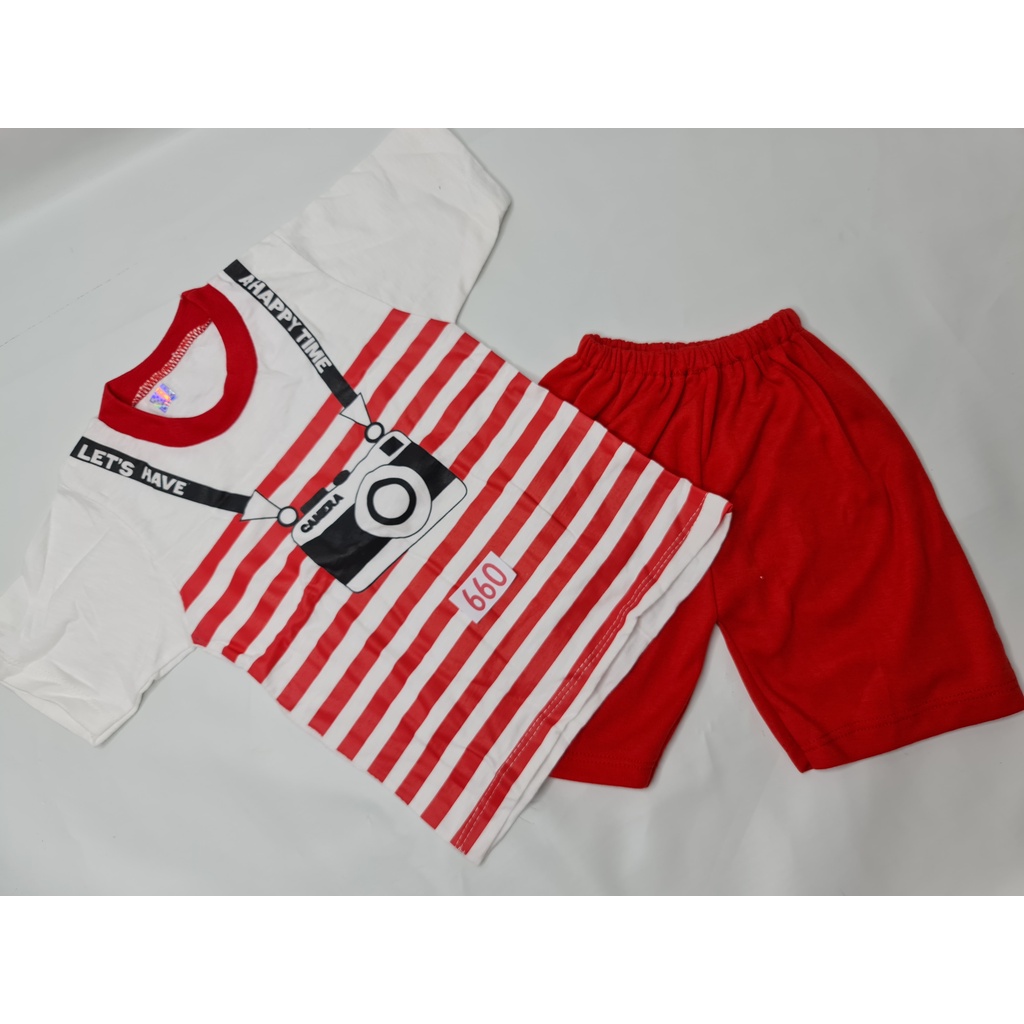 Baju Kaos Setelan Anak Laki - Laki 1 - 2 tahun Let's Have a Happy Time Kamera Garis