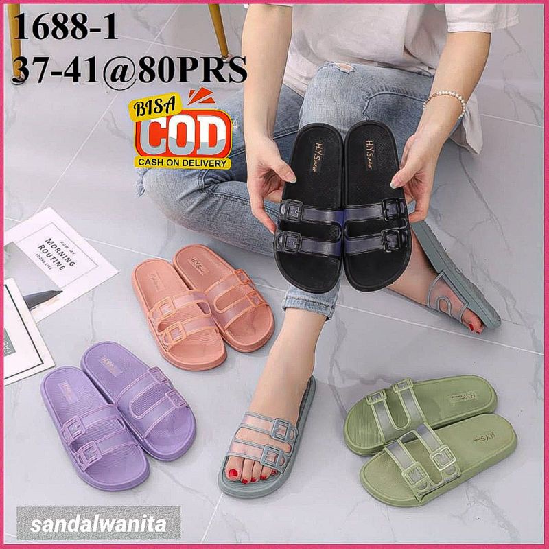 Sandal Jelly Wanita Selop Slop Ban Dua 1688 Karet V 202