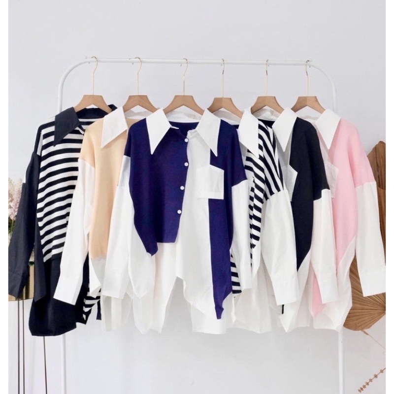 KEMEJA WANITA Salur BAHAN RAJUT PREMIUM MIX KATUN IMPORT