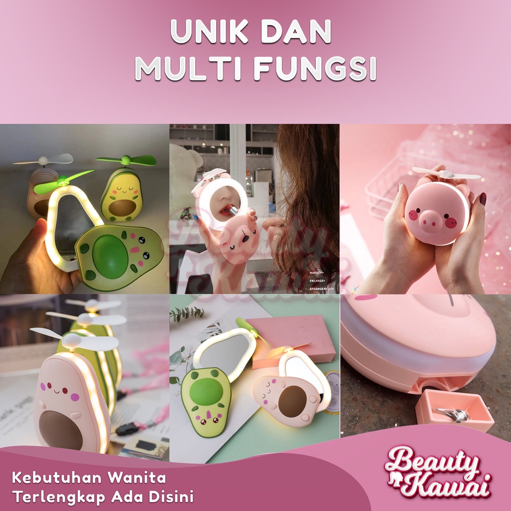 Kipas Mini Portable USB Fan Led Cermin Makeup 3in1 Karakter Hewan Buah