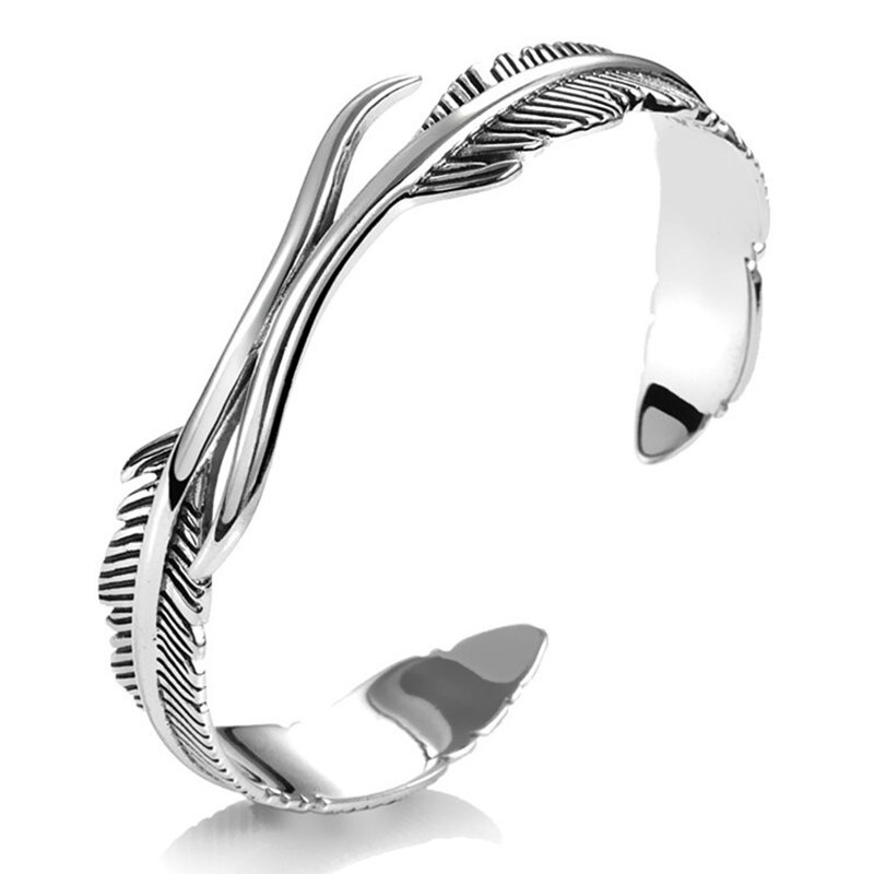 Gelang Bangle Open Adjustable Bentuk Bulu Warna Silver Tibet Klasik Untuk Pria / Wanita