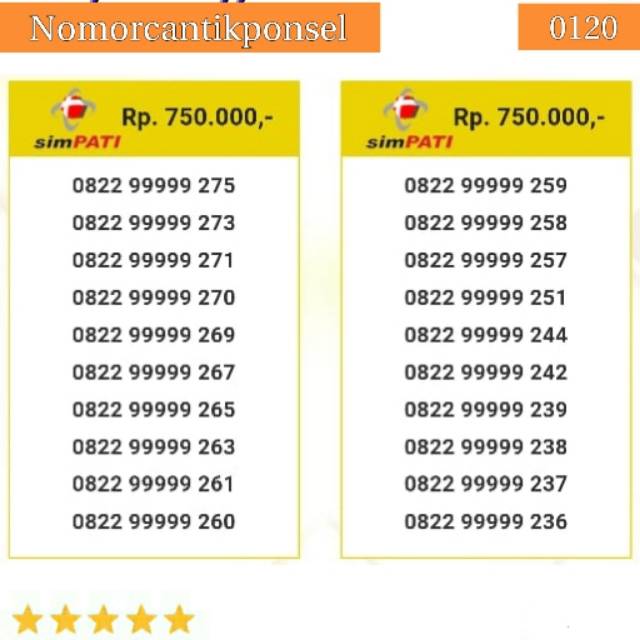 Nomor cantik simpati 0822 seri panca 99999 rapi #0120