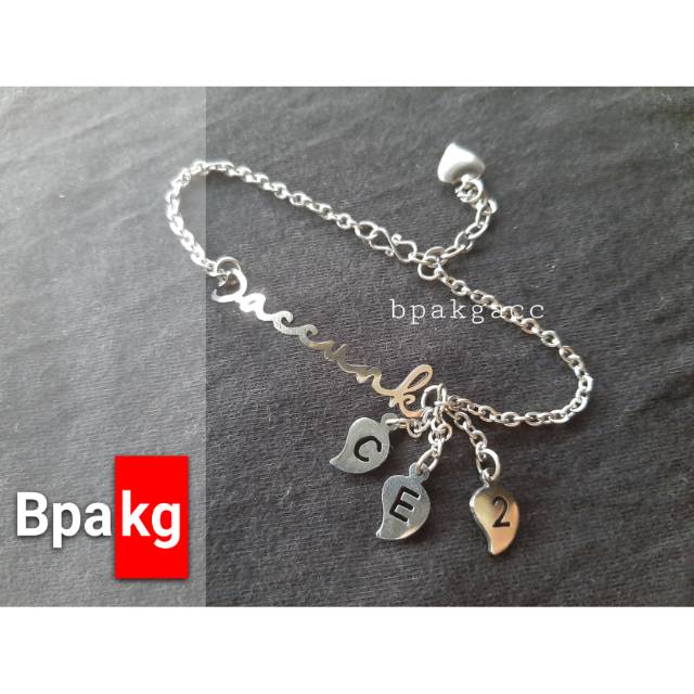 Gelang custom nama stetoskop 3 gantungan # Gelang inisial monel besi putih asli anti karat silver
