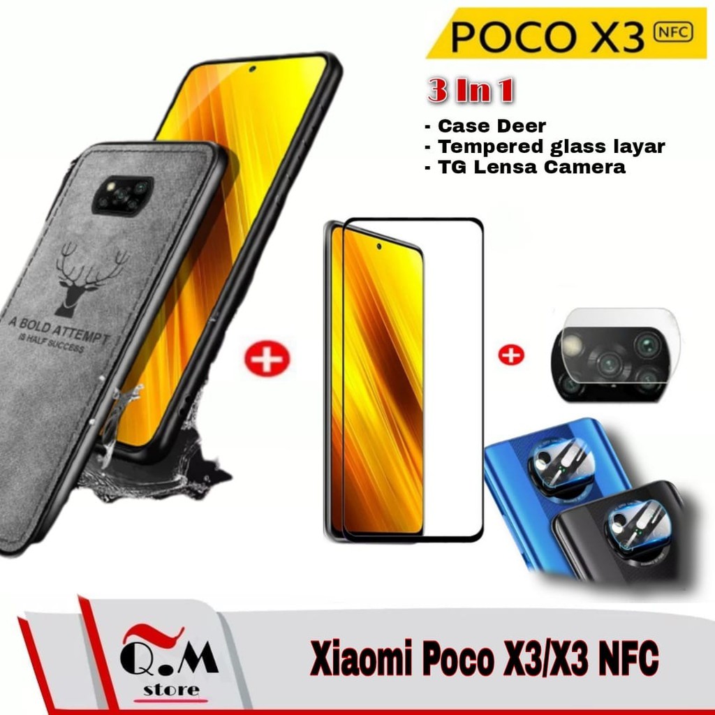 Promo Case Xiaomi Poco X3 Pro / Poco X3 / Poco X3 NFC Case Deer Premium 3-IN-1 Tempered Glass Plus Camera