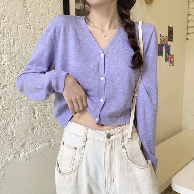 Korea Musim Panas Tipis Pendek Panjang Lengan Purple wanita Knit Cardigan-Purple