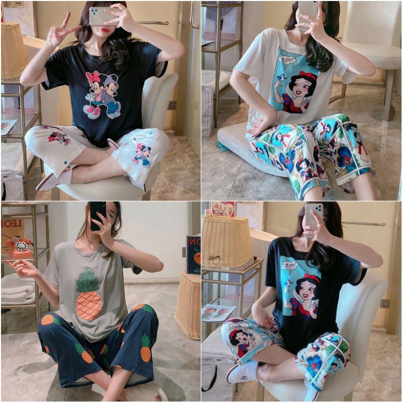 Piyama Import Motif Kartun Baju Tidur Wanita Lengan Pendek Celana Panjang 7/8 KR1006