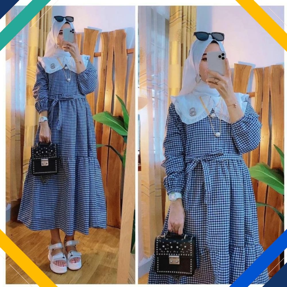 Midi None Dres Kotak Navy Kekinian Gamis 0152 Premium UKX Baju Gamis Wanita Terbaru