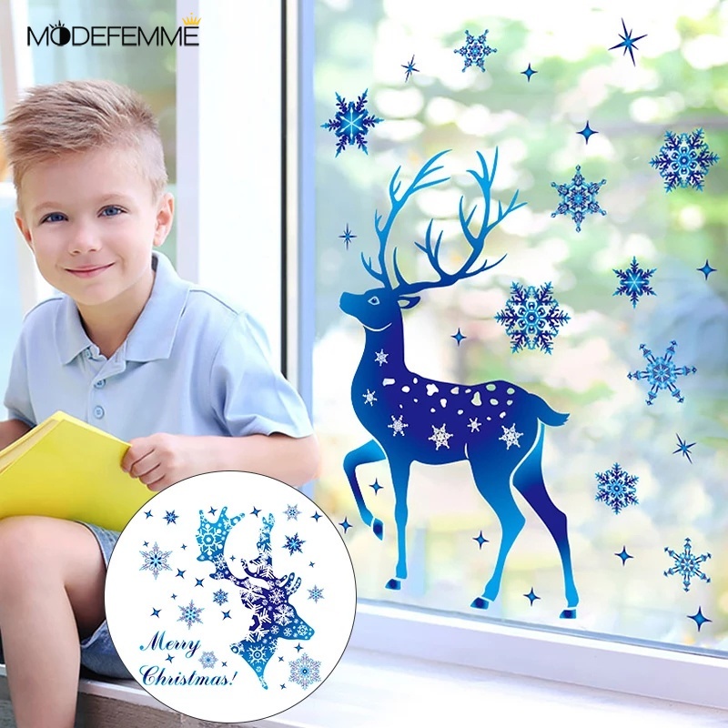 [ Christmas blue elk electrostatic Glass Window Sticker  Decoration for Home Living Room Bedroom ]