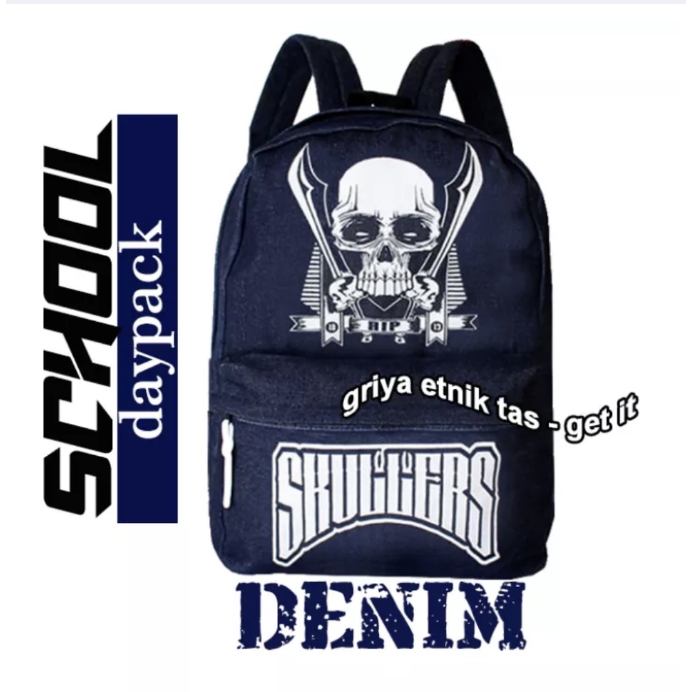 Tas Punggung Pria Skuller Ramones Bahan Denim - Tas Ransel Anak Sekolah SMU Tengkorak - Tas Sekolah 