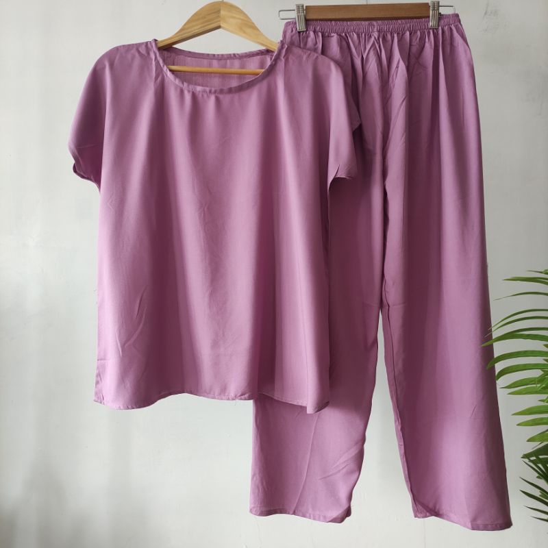 BAJU TIDUR POLOS PIYAMA POLOS CELANA PANJANG LENGAN PENDEK BAHAN RAYON babbydoll-POLOS LILAC
