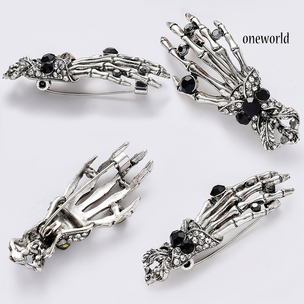 OW@ Unisex Rhinestone Skull Hand Brooch Pin Denim Jacket Collar Badge Halloween Gift