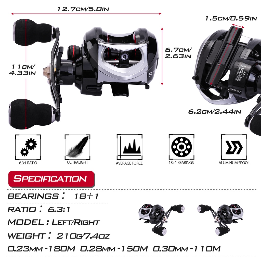 18 + 1BB Fishing Reel Baitcasting Fishing Reel 6.3: 1 Rasio Gigi Untuk Memancing Di Luar Ruangan