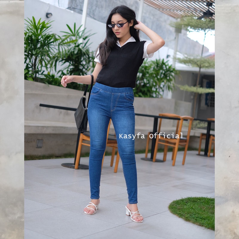 RHIANA JEGGING JEANS POLOS WANITA // CELANA JEANS PINGANG FULL KARET