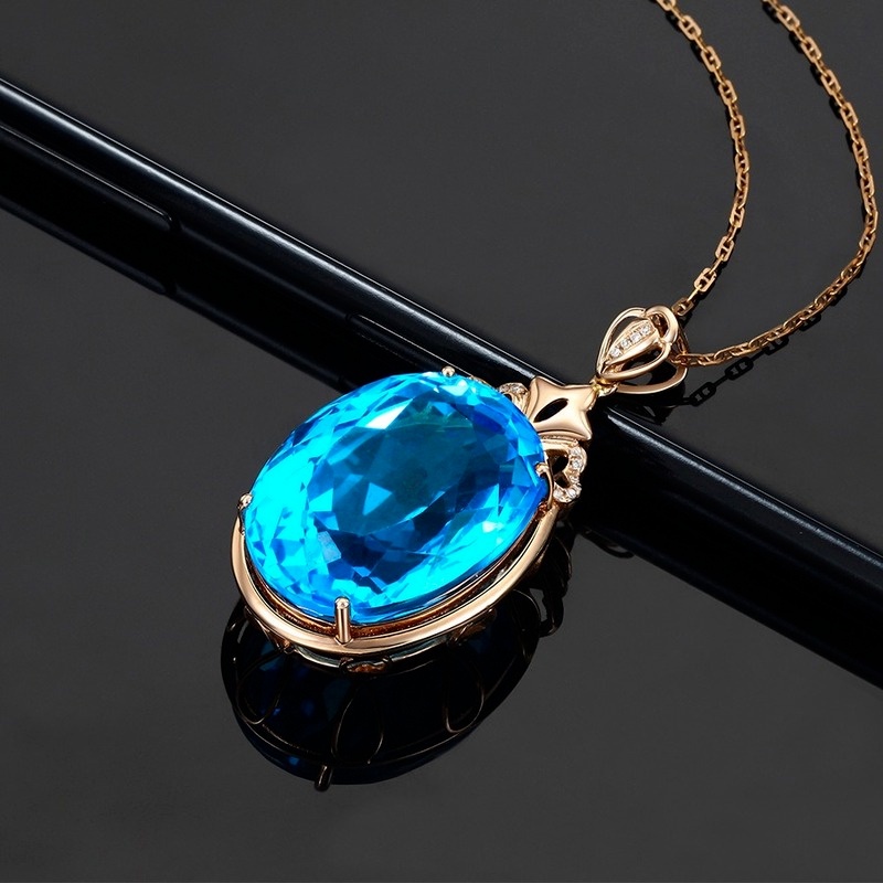 [Ready Stock]Fashion Inlaid Sea Blue Gemstone Pendant 18K Rose Gold Plated Necklace