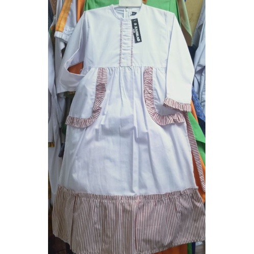 gamis putih kombinasi salur pink,seragam sekolah muslim paud tk