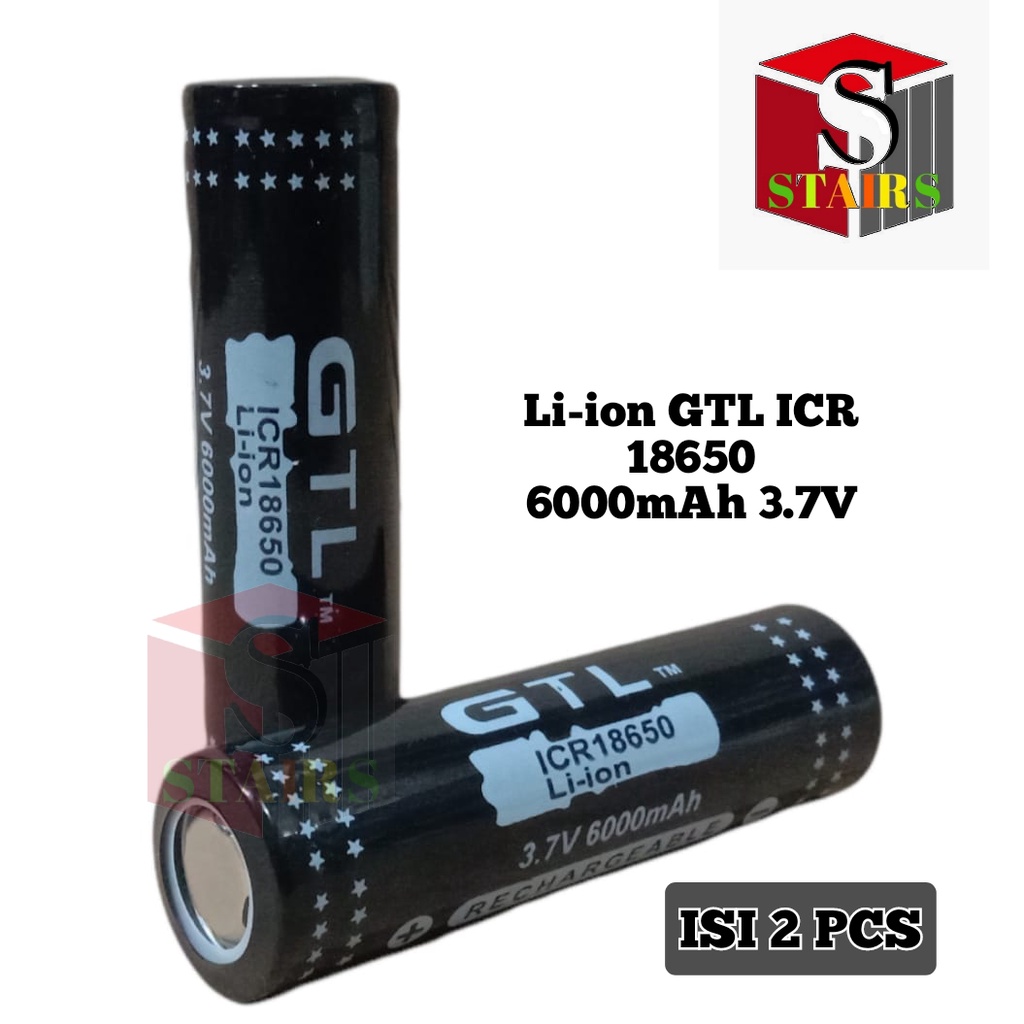 Batrai Cas Ulang / Baterai Charger Li-ion GTL ICR 18650 6000mAh 3.7V Warna Hitam Isi 2 PCS