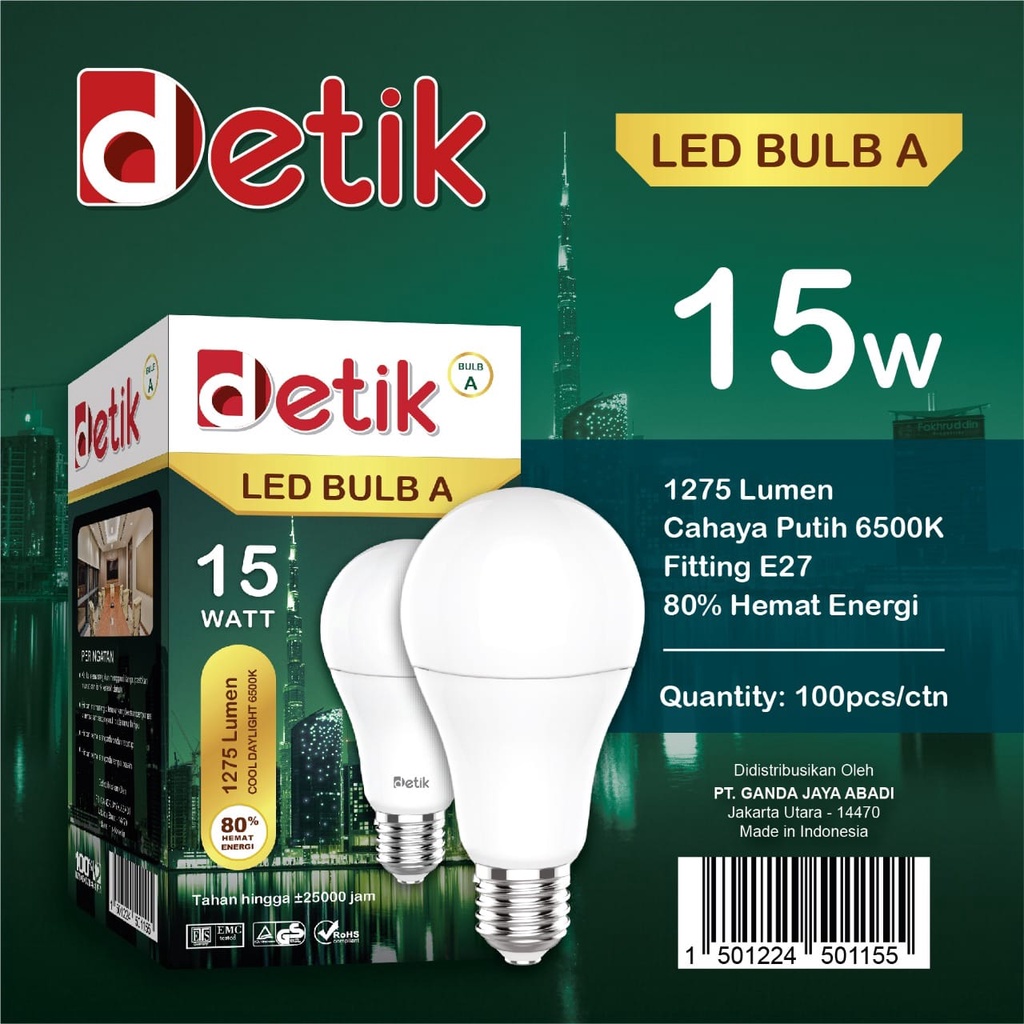 DETIK Lampu LED Bulb 15 Watt - Cahaya Putih (Garansi 1 Tahun)