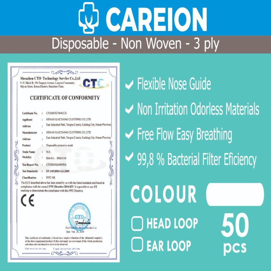 MASKER 3PLY CAREION ISI 50PC MASKER 3 PLY DISPOSABLE MASK EARLOOP - 50PC.