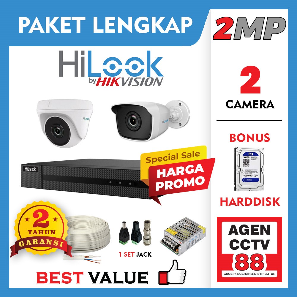 Paket Lengkap CCTV HILOOK 2CH 2 Channel 2MP 1080p +Kabel +Harddisk