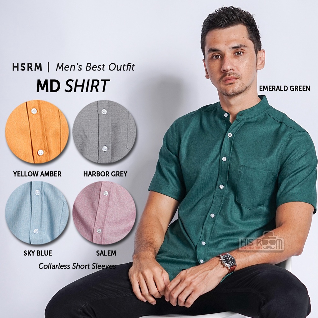 HSRM - Kemeja Pria Kerah Shanghai Kemeja Polos Pria Kemeja Lengan Pendek Collarless MD Shirt 250