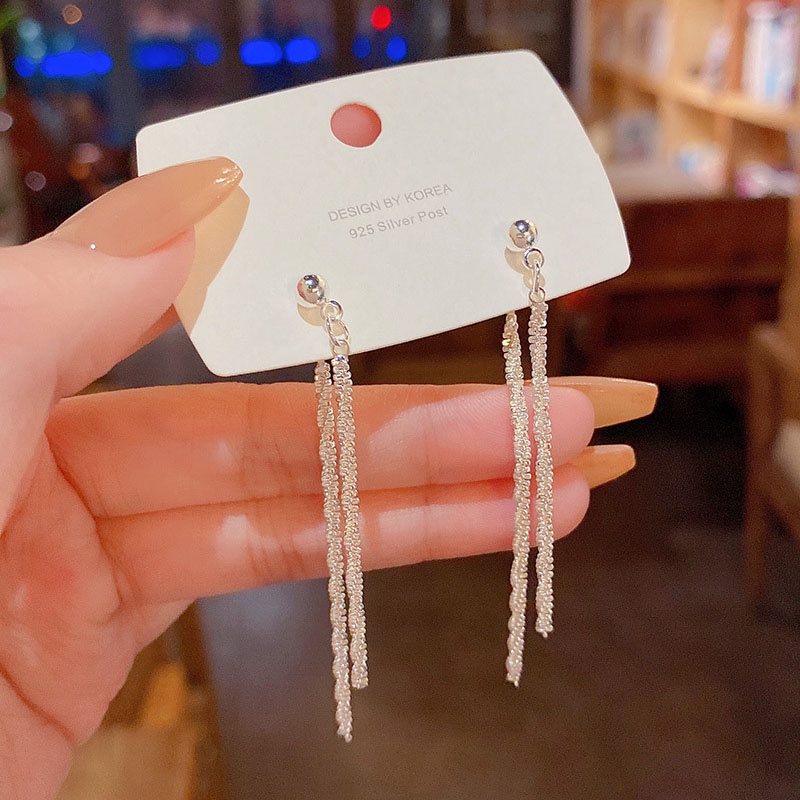 Anting Gantung Panjang Tusuk Silver Sterling 925 Aksen Rumbai + Kilau Untuk Perhiasan Wanita