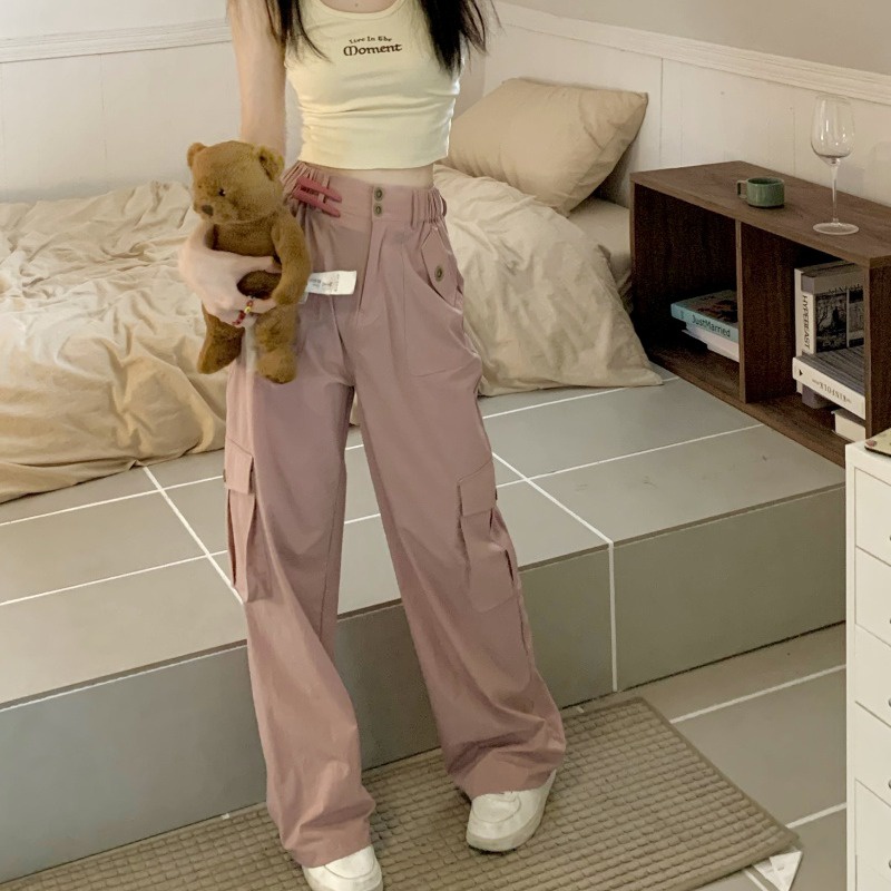 Suhao Longgar Mengepel Pinggang Tinggi Slim Overall Wanita Baru Lebar Kaki Celana Retro Hot Celana Musim Panas Kasual Lurus Celana Panjang