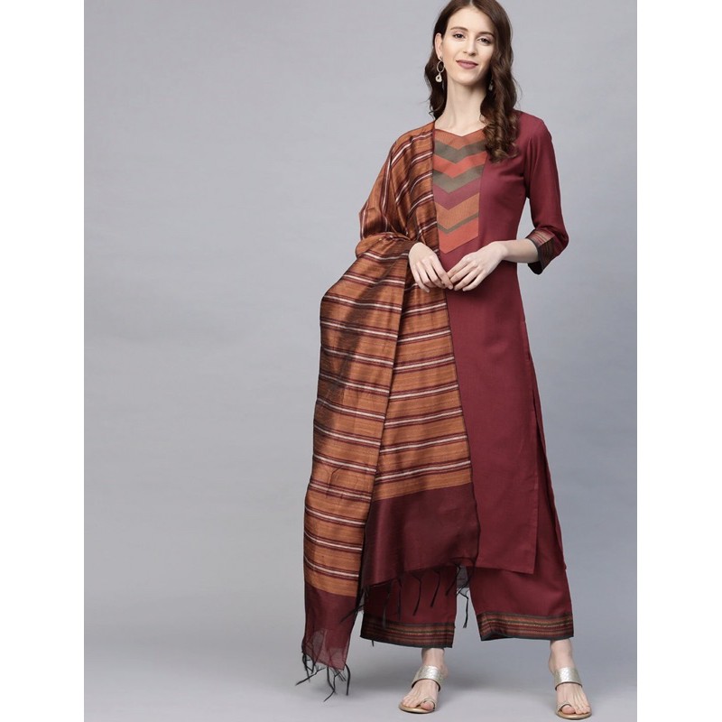 Setelan Kurti Asli  Size M L Brand Indo Era Warna Maroon & Orange Yoke Design dengan Celana Palazzos