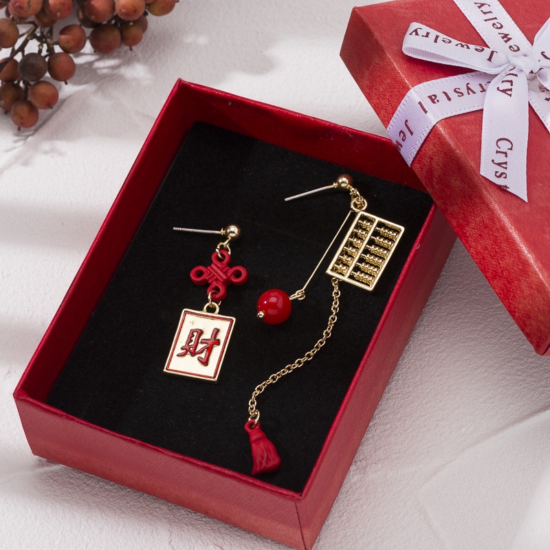 [littlecrab] Anting Wanita Sempoa Merah Emas Huat Simple Elegan Anting Beda Kiri Kanan Cai Woman Earrings Anting Berkualitas Tinggi Korean Style