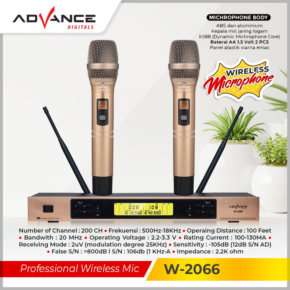 Advance Digitals Mic Wireless W-2066 UHF Digital Microphone System Jarak 30 Meter