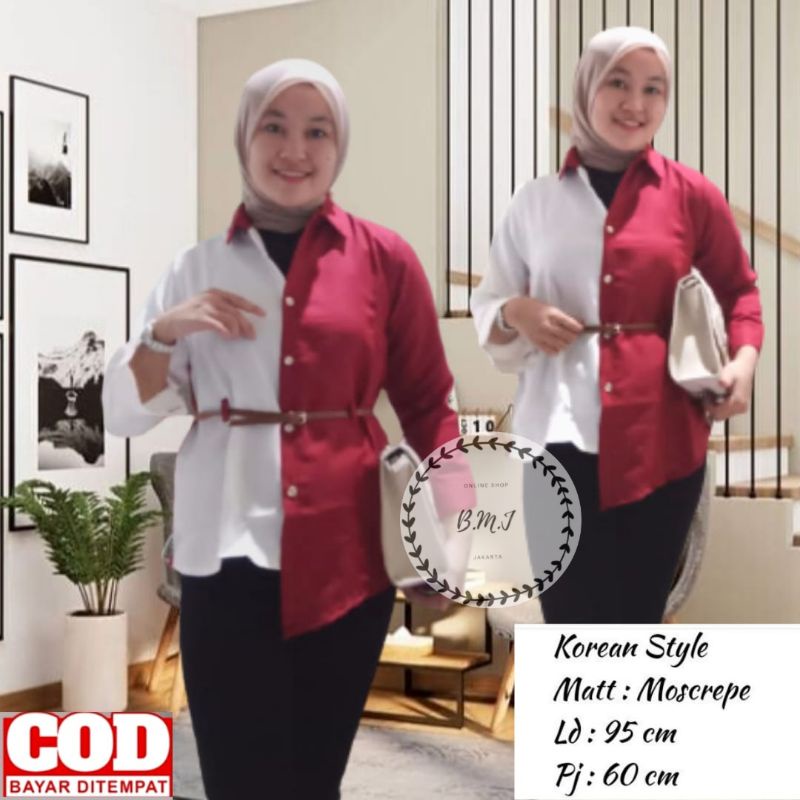 Kemeja Wanita Atasan Blouse Casual Polos Kombinasi Warna Motif Korean style Fashion Muslim 018-7