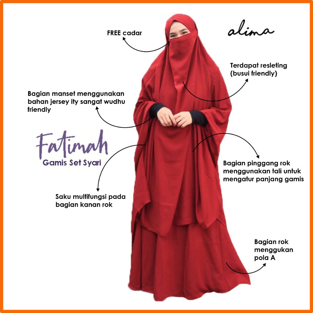 Gamis Set Syari Wolfis Premium Cadar &amp; Manset Menyatu Fatimah Super Adem Original FREE CADAR