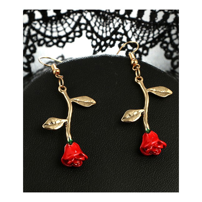 LRC Anting Gantung Vintage Red Rose Shape Design Long Earrings