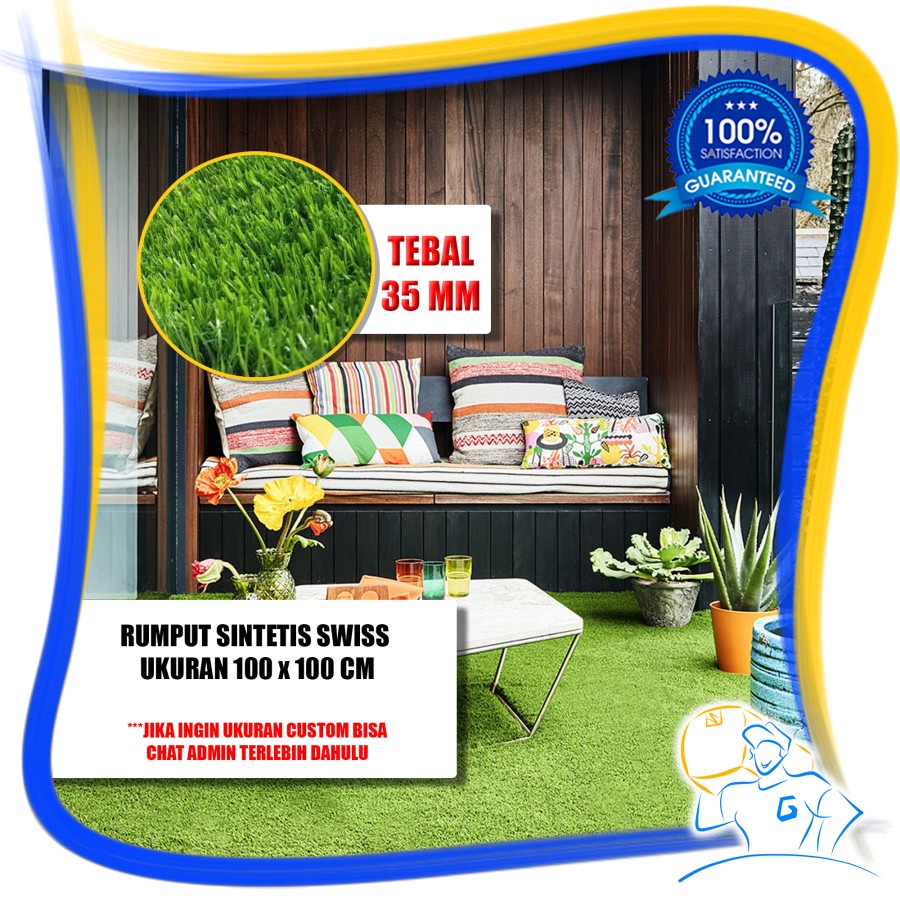 RUMPUT SINTETIS PALSU TEBAL 35MM KARPET RUMPUT SWISS GRASS FULL HIJAU 100X100CM DEKORASI TAMAN METERAN