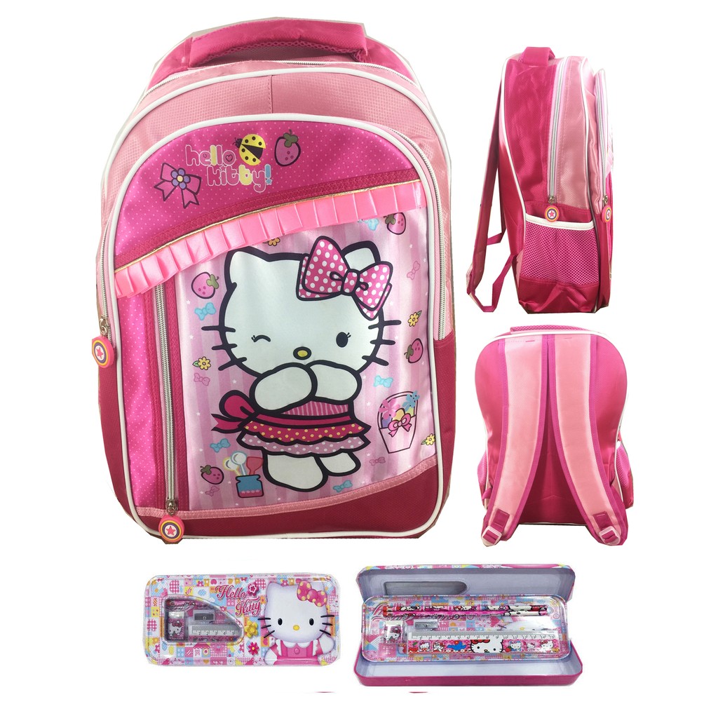 Tas Ransel Sekolah Anak SD Hello Kitty Full Sateen IMPORT Renda 3 Kantung S