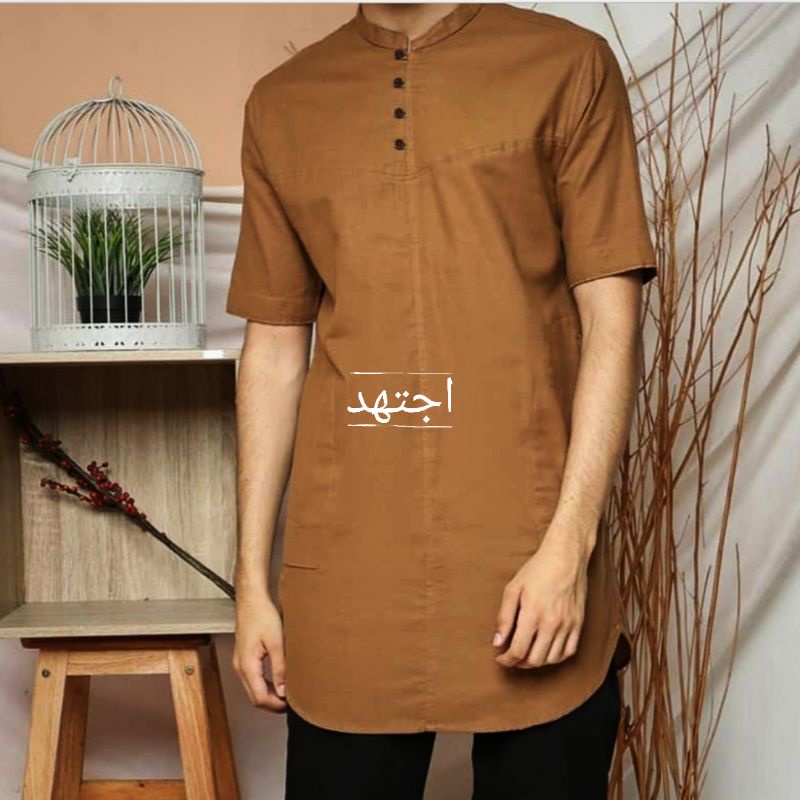 (FREE PARFUM)Kurta polos SLIMFIT tangan pendek bahan katun Madinah Fodu brand &quot;IJTIHAD&quot;