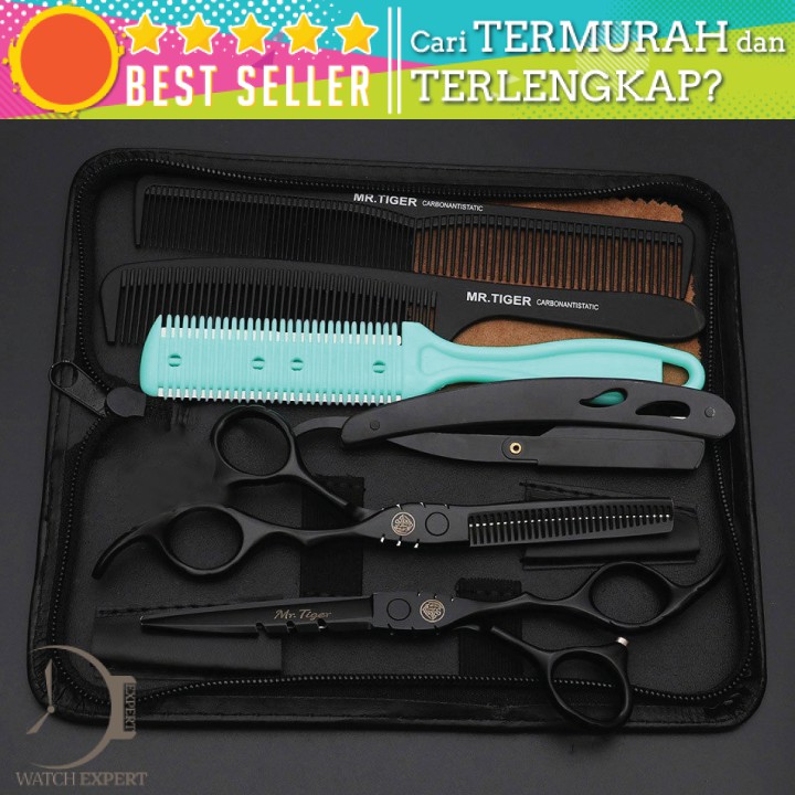 Bisa COD Set Gunting Rambut Professional Barber Hairdressing Scissors 6 Inch 2 PCS with Razor Comb + Hair Knife - MrTiger 440C