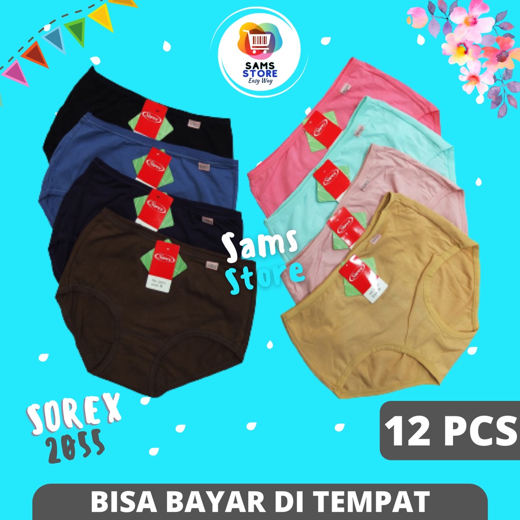 12 Pcs Celana Dalam Wanita Merk Sorex / Sorek Cd Basic Maxi Katun Mix Stretch 2055 Ukuran M L XL XXL