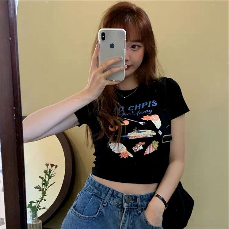 T-shirt pendek pinggang tinggi cropped pusar wanita ramping super api lengan pendek atas gaya Hong K